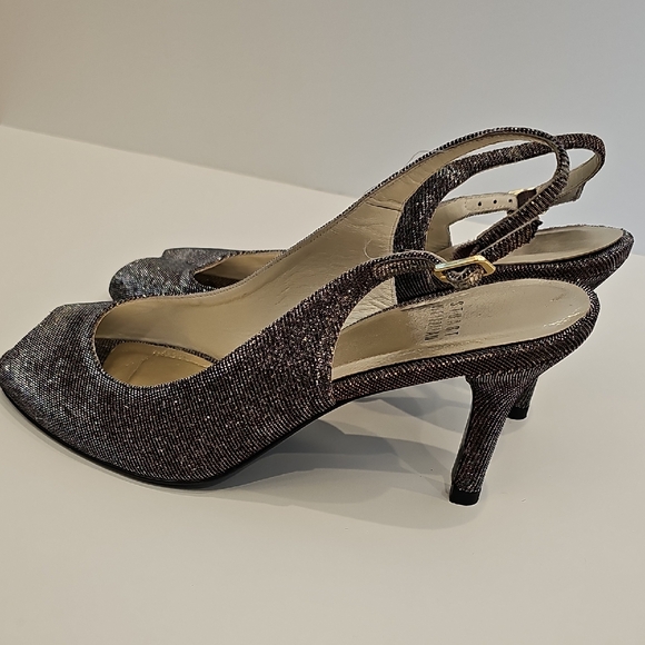 Stuart Weitzman Shimmering Gold Silver Peep-Toe Heels - Picture 9 of 12